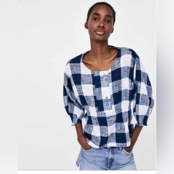 Zara Basics Plaid Navy Blue Top - Picture 1 of 4